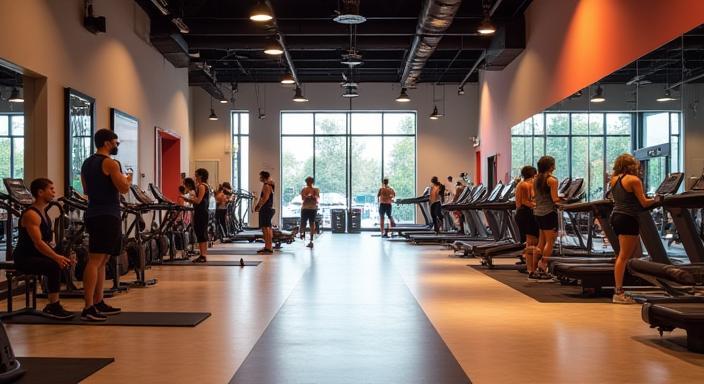 Spacious, modern fitness gym interior at Ironbridge with diverse members working out